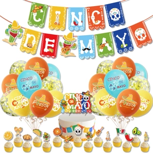 Cinco De Mayo party kit with colorful banners balloons and festive taco cake toppers