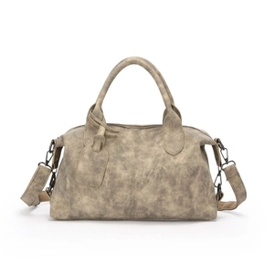 Vintage khaki faux leather Boston handbag with top handles and adjustable shoulder strap