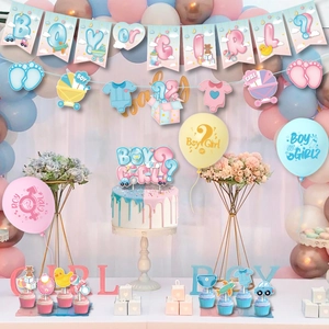 Gender reveal party set with Boy or Girl banner balloons and pink blue decorations