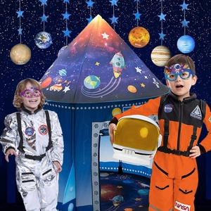 Silver astronaut roleplay suit set for kids with space helmet and rocket theme tent
