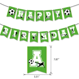Soccer themed Happy Birthday banner set with green striped flags and football patterns