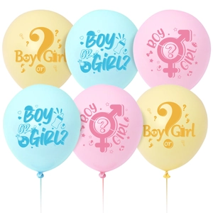 Gender Reveal balloons in macaron blue, pink, and yellow with Boy or Girl prints