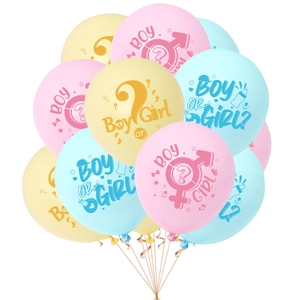 Gender reveal party balloons in pink, blue and yellow with cute boy or girl printed designs