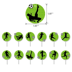 Soccer theme cake toppers set featuring green polka dots and player silhouettes for parties