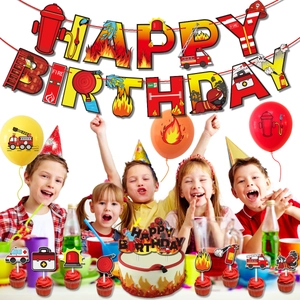 Fire truck birthday party supplies set with Happy Birthday banner and cake toppers