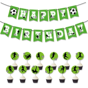 Soccer themed birthday party set with Happy Birthday banner and cupcake toppers