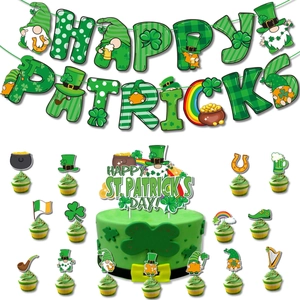St. Patrick's Day party decorations set with shamrock banner and cupcake toppers