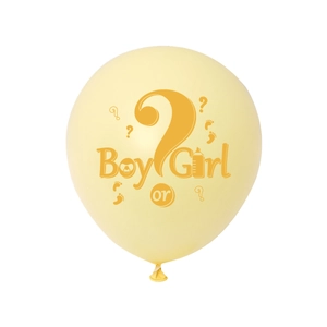 Close-up of yellow gender reveal balloon with Boy or Girl print and baby motifs