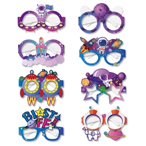 Set of 8 colorful paper space party glasses featuring astronauts and rockets