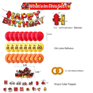Fire truck party decor set including banners, balloons, and cake toppers with measurements