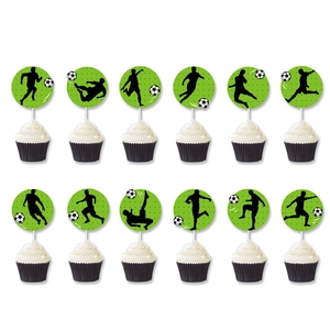 Soccer themed cupcake toppers for birthday party featuring athlete silhouettes in 12 pack