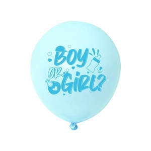 Light blue Boy or Girl gender reveal latex balloon with crown and heart patterns