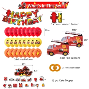 Fire truck themed party decoration kit with balloons banners and cake toppers set