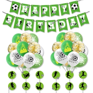 Soccer theme birthday party kit with Happy Birthday banner, green balloons and cake toppers