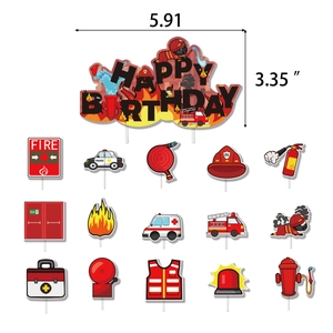 16-piece firefighter cake topper set with fire truck and Happy Birthday banner for party