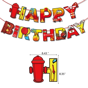 Fire truck themed Happy Birthday banner set with firefighters elements for kids party