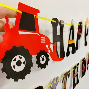 Red tractor happy birthday banner with construction themed letter paper bunting