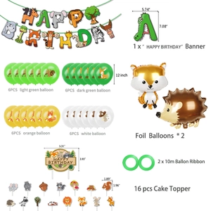 Jungle safari birthday party decoration set with animal banners, balloons and cake toppers