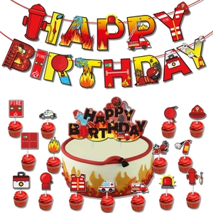 Firefighter birthday party set with Happy Birthday banner and themed cake toppers