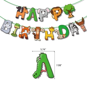 Forest Jungle Animal Theme Happy Birthday Banner And Cake Toppers Set Printed Cardboard Party Decorations For Kids Birthday