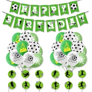 Soccer themed happy birthday banner with green balloons and cake toppers set