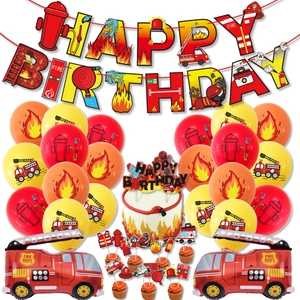Fire truck birthday party decorations set with banners, foil balloons and cake toppers
