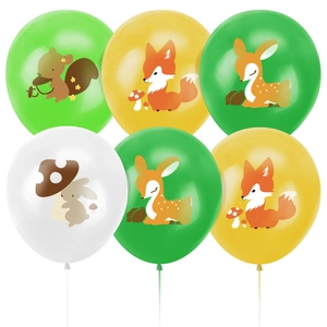 Jungle animal party balloons set featuring 6 printed forest fox, squirrel and deer designs
