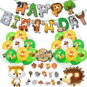 Forest animal birthday party set with Happy Birthday banner and fox balloon decor