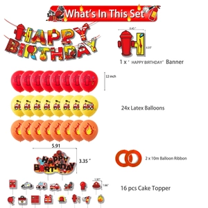 Fire truck birthday party kit with happy birthday banner balloons and cake toppers
