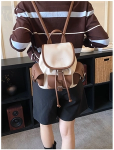 Detail of vintage contrast color backpack featuring lychee texture and metal buckle closure