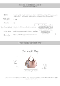 Detailed size chart and dimensions of the PU leather bucket bag with shoulder strap info