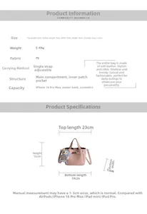 Guide des tailles et spécifications du sac seau rose avec détails métalliques argentés