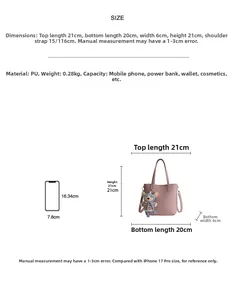 Size chart showing pink bucket bag dimensions and capacity comparison with a smartphone