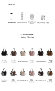 Detail view showing storage capacity for essentials and 12 colorful bucket bag variants