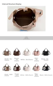 Detail view of leather bucket bag interior showing inner pouch and ten color options