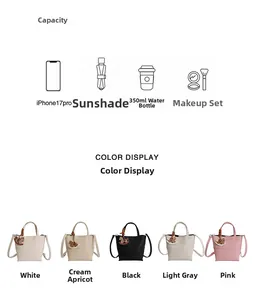 Litchi pattern bucket bag capacity guide showing space for phone, umbrella and cosmetics