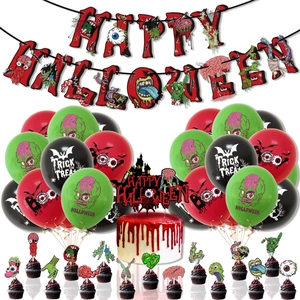 Halloween party set with zombie balloons, Happy Halloween banner and scary cake toppers