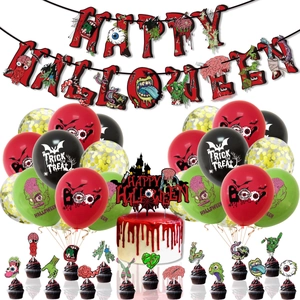 Detailed set of zombie Halloween party supplies including bloody banners and scary balloons