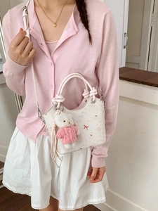Floral print crossbody bucket bag with bow patterns and cute teddy bear pendant charm