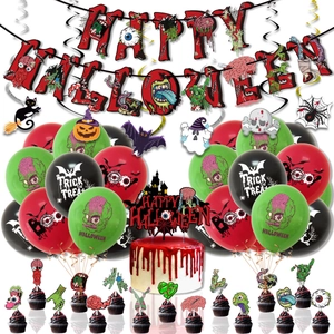 Zombie theme Halloween party kit with Happy Halloween banner, balloons, and cake toppers