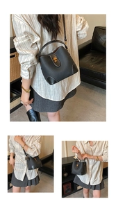 Detailed views of a black bucket bag with white contrast stitching and gold twist-lock