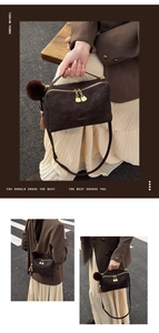 Detailansichten einer dunkelbraunen Retro-Lederhandtasche mit Plüschball und Quasten