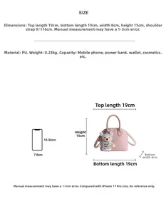 Detailed size chart for pink shell-shaped PU leather handbag with bear charm