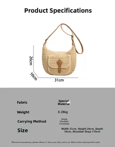 Vue détaillée du sac besace en paille beige avec boucle marron et dimensions du produit