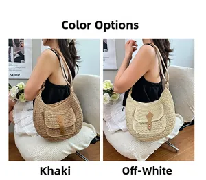 Vue détaillée des sacs de selle tressés en paille kaki et blanc cassé avec cuir