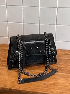 Vintage Women's PU Leather Motorcycle Shoulder Bag With Rivets Chain Strap Tassel Large Capacity Crossbody Bag Fashion Handbag