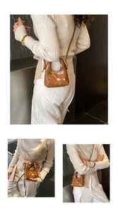 Three-way view of a quilted mini crossbody bag with a cute 3D pony decoration