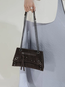 Retro dark brown suede underarm bag with metal rivets and chain strap in motorcycle style