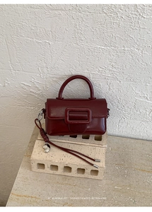 Vista dettagliata di una mini borsa quadrata rosso scuro in pelle con fibbia quadrata