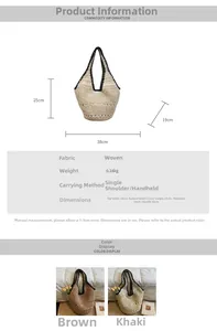 Detailed size chart for straw woven tote bag showing dimensions and product specifications
